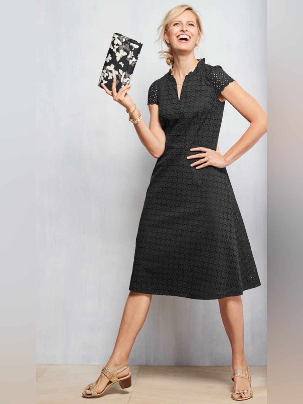 TALBOTS Black Eyelet Fit & Flare Lined Ruffle Cap Sleeve Cotton Midi Dress 8